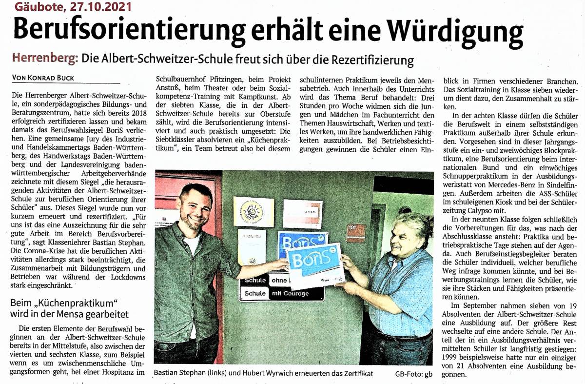 Die Albert-Schweitzer-Schule ist stolz auf die Rezertifizierung durch das BoriS-Berufswahlsiegel! 